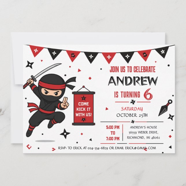 Invitación de cumpleaños de ninja personalizada (Anverso)