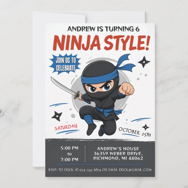 Invitación de cumpleaños de Ninjas personalizados (Anverso)