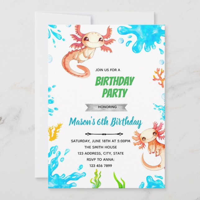 invitación de cumpleaños de niño axolotl (Anverso)