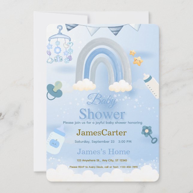 Invitación de Cumpleaños de Niño Azul Adorable (Anverso)