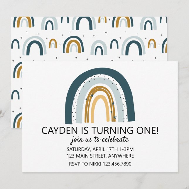 Invitación de cumpleaños de niño azul arcoíris y m (Anverso / Reverso)