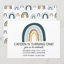 Invitación de cumpleaños de niño azul arcoíris y m