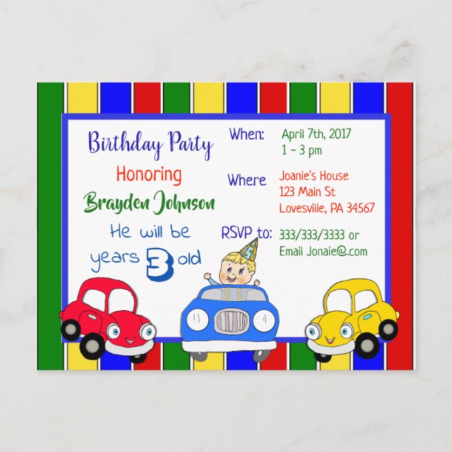 Invitación de cumpleaños de niño Coches Rojo Azul  (Anverso)