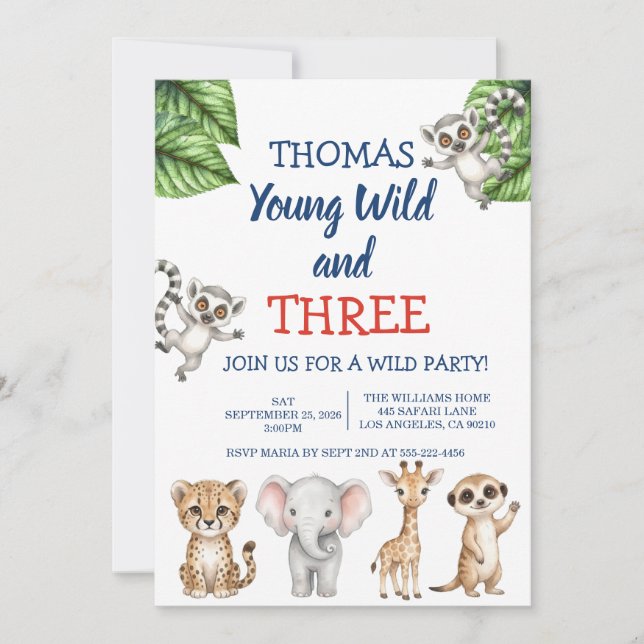 Invitación de cumpleaños de niño con animales de S (Anverso)