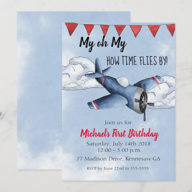 Invitación de cumpleaños de niño con avión (Anverso / Reverso)