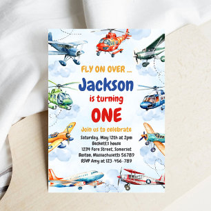 Invitación de cumpleaños de niño con avión volando