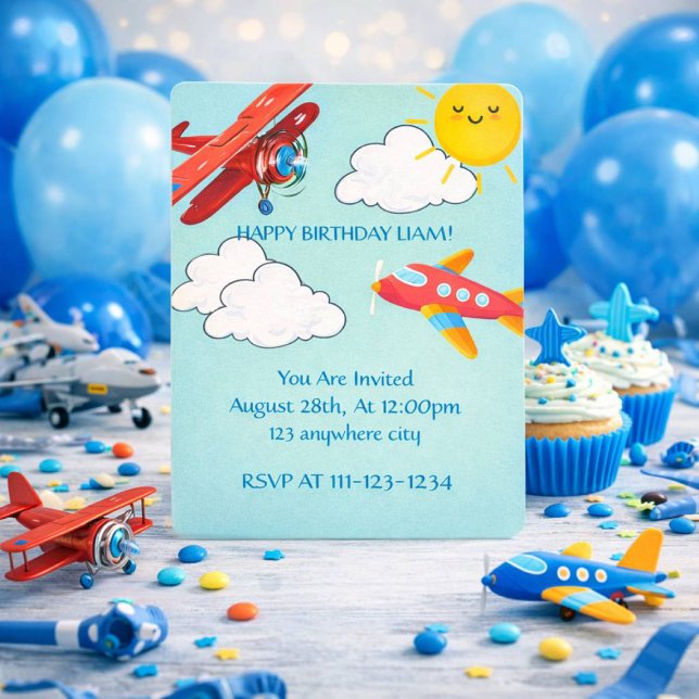 Invitación de cumpleaños de niño con aviones azule (Subido por el creador)