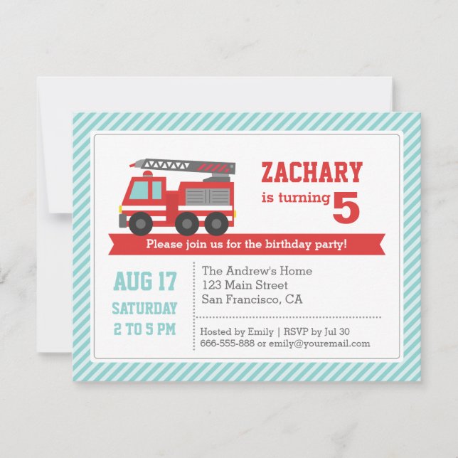 Invitación de cumpleaños de niño con camión de bom (Anverso)