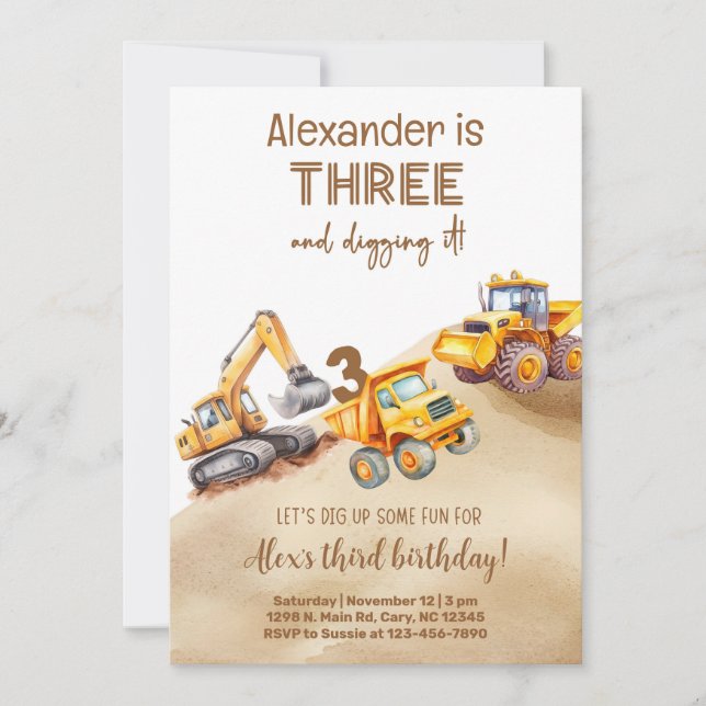 Invitación de cumpleaños de niño con camiones de c (Anverso)