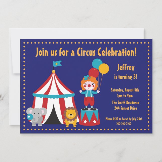 Invitación de cumpleaños de niño con circo cutáneo (Anverso)