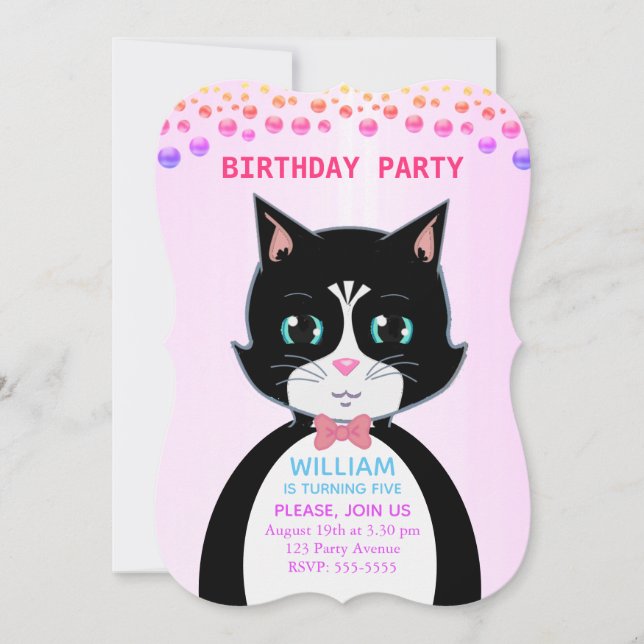 Invitación de cumpleaños de niño con gato esmoquin (Anverso)