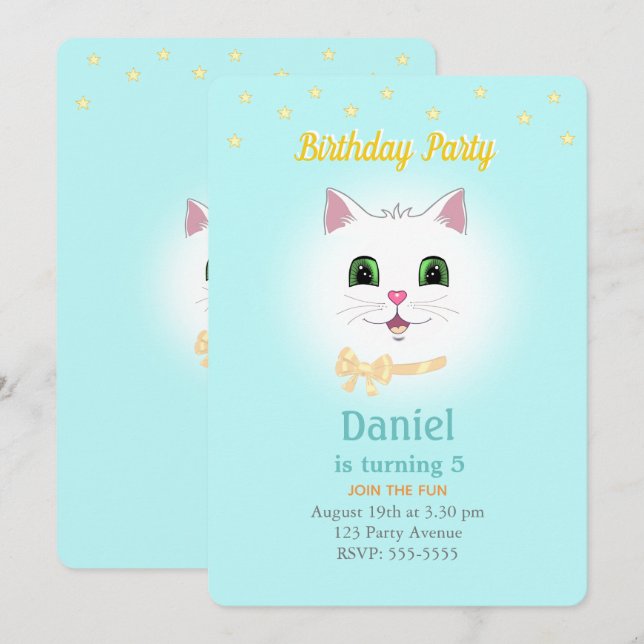Invitación de cumpleaños de niño con gato y estrel (Anverso / Reverso)