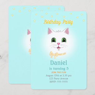 Invitación de cumpleaños de niño con gato y estrel