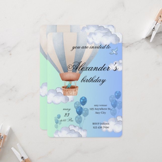 Invitación de cumpleaños de niño con globo aerostá (Anverso/Reverso In Situ)