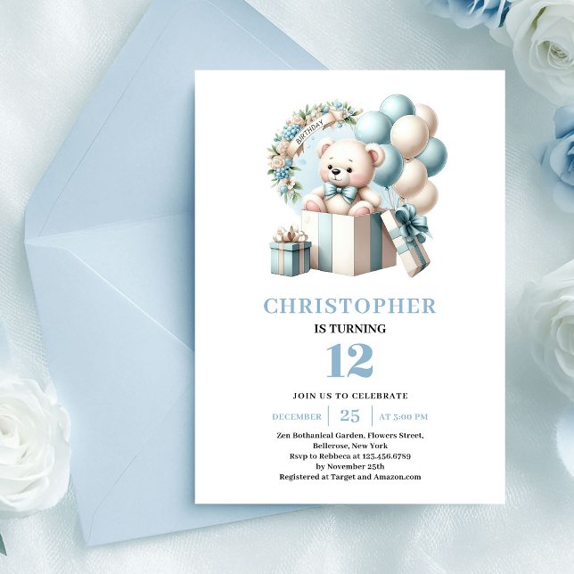 Invitación de cumpleaños de niño con globos de osi (Cute teddy bear balloon boy birthday invitation)