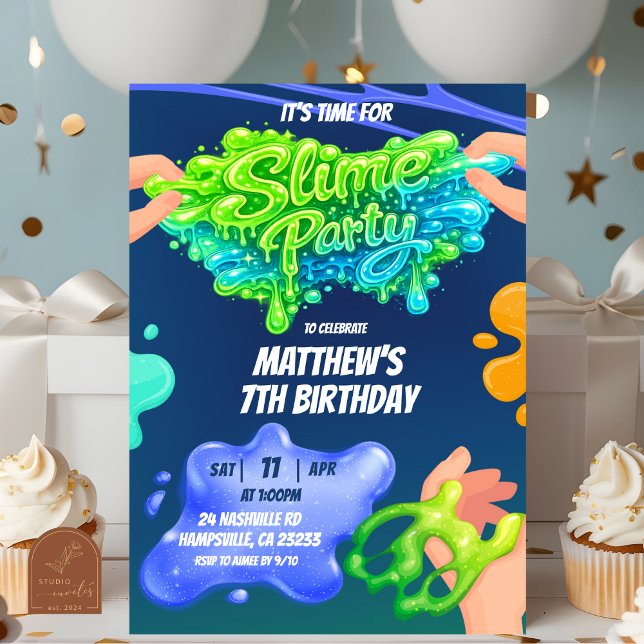 Invitación de cumpleaños de niño con slime verde a (Subido por el creador)