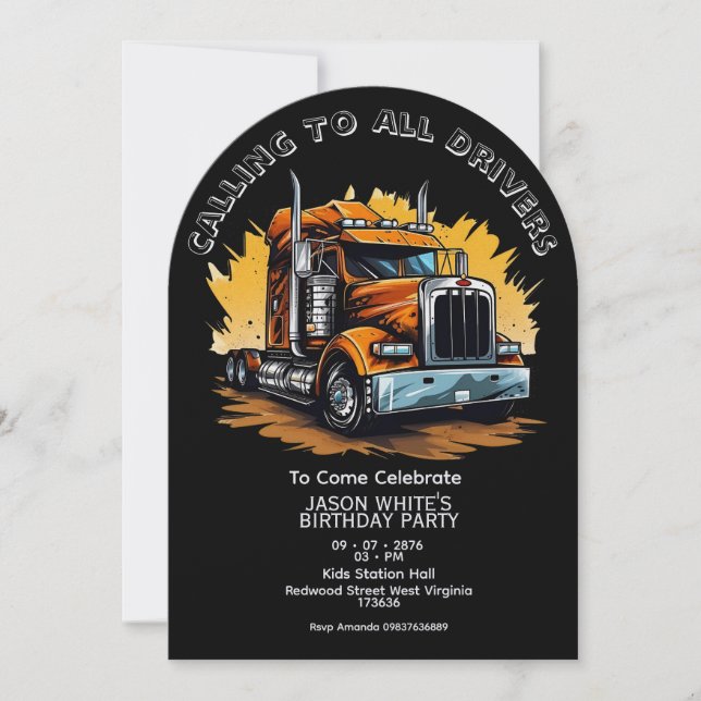 Invitación de cumpleaños de niño con tema de camió (Anverso)