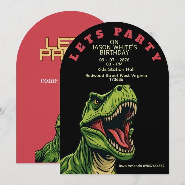 Invitación de cumpleaños de niño con tema de T-Rex (Anverso / Reverso)