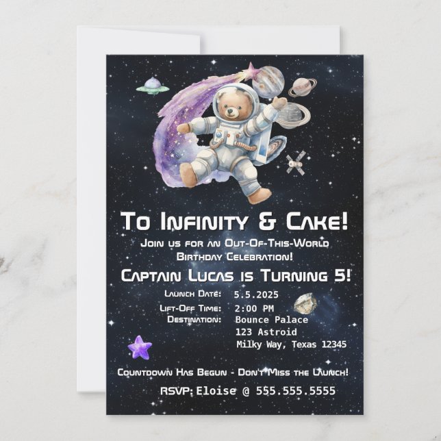 Invitación de cumpleaños de niño con tema espacial (Anverso)