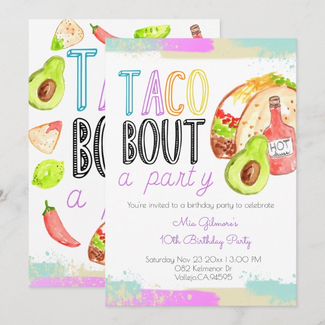 Invitación de cumpleaños de niño con temática taco (Anverso / Reverso)