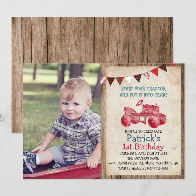INVITACIÓN DE CUMPLEAÑOS DE NIÑO CON TRACTOR ANTIG (Anverso / Reverso)