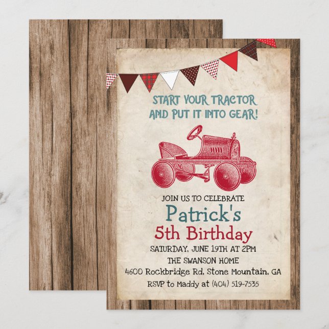 Invitación de cumpleaños de niño con tractor vinta (Anverso / Reverso)