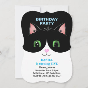 Invitación de cumpleaños de niño con traje de gato