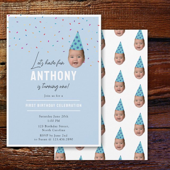 Invitación de cumpleaños de niño Cumpleaños de 1 a (Boy Birthday Invite 1st Birthday Baby Face Photo)