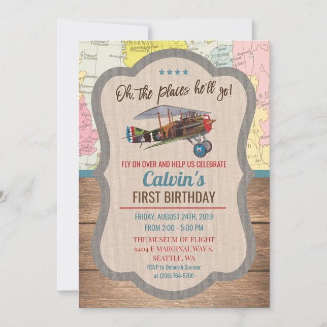 INVITACIÓN DE CUMPLEAÑOS DE NIÑO DE AVIÓN ANTIGUO  (Anverso)