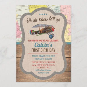INVITACIÓN DE CUMPLEAÑOS DE NIÑO DE AVIÓN ANTIGUO 