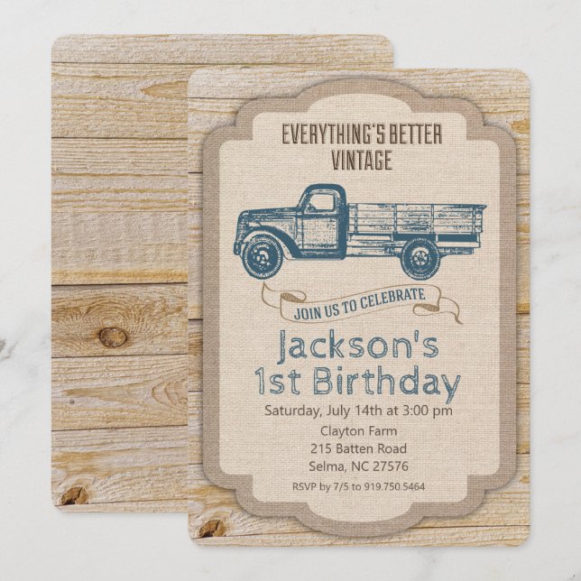 INVITACIÓN DE CUMPLEAÑOS DE NIÑO DE CAMIONETA RÚST (Anverso / Reverso)
