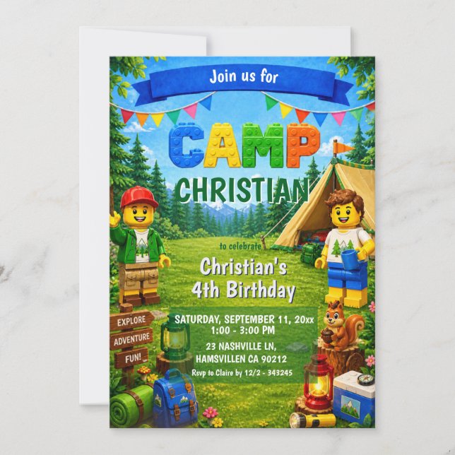 Invitación de cumpleaños de niño de campamento de  (Anverso)