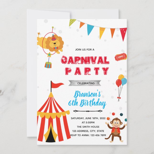 invitación de cumpleaños de niño de carnaval de ci (Anverso)