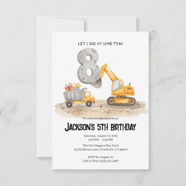 Invitación de cumpleaños de niño de construcción d (Anverso)