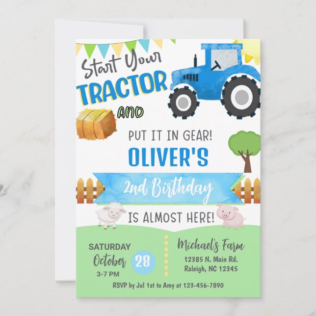 Invitación de cumpleaños de niño de tractor agríco (Anverso)