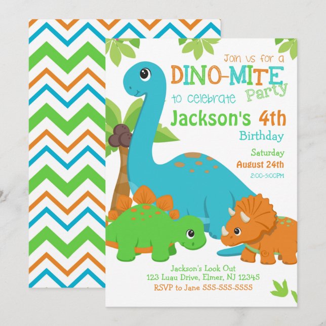 Invitación de cumpleaños de niño dinosaurio / Fies (Anverso / Reverso)