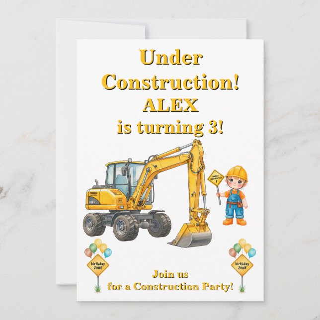 Invitación de cumpleaños de niño en construcción (Anverso)