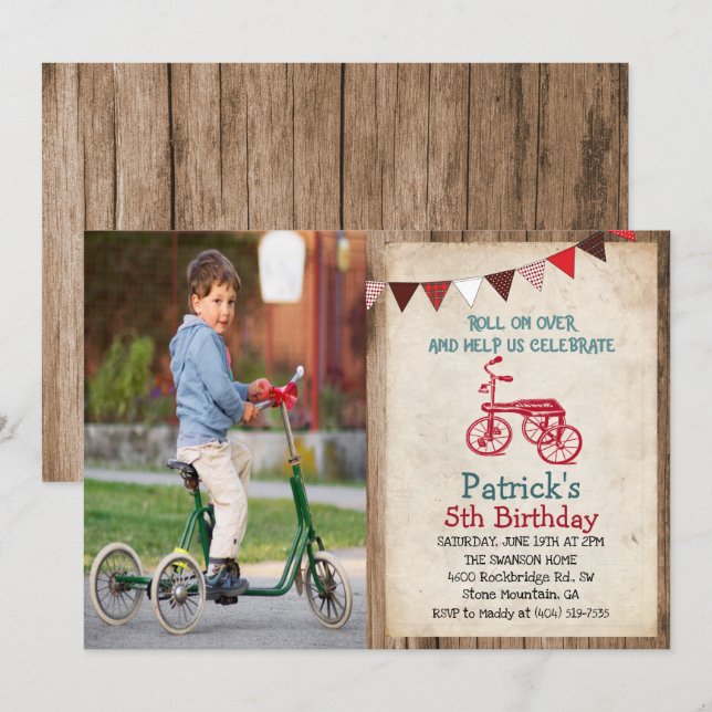 Invitación de cumpleaños de niño en triciclo vinta (Anverso / Reverso)
