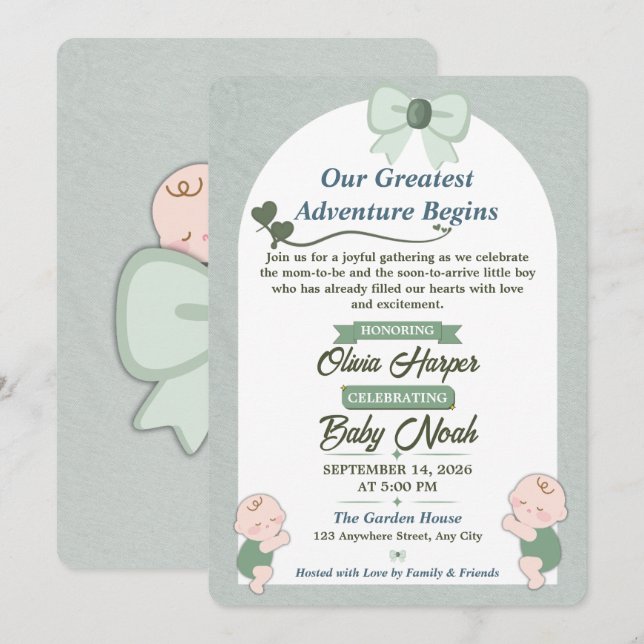 Invitación de Cumpleaños de Niño en Verde Salvia (Anverso / Reverso)