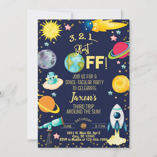 Invitación de cumpleaños de niño espacial-tácular. (Anverso)