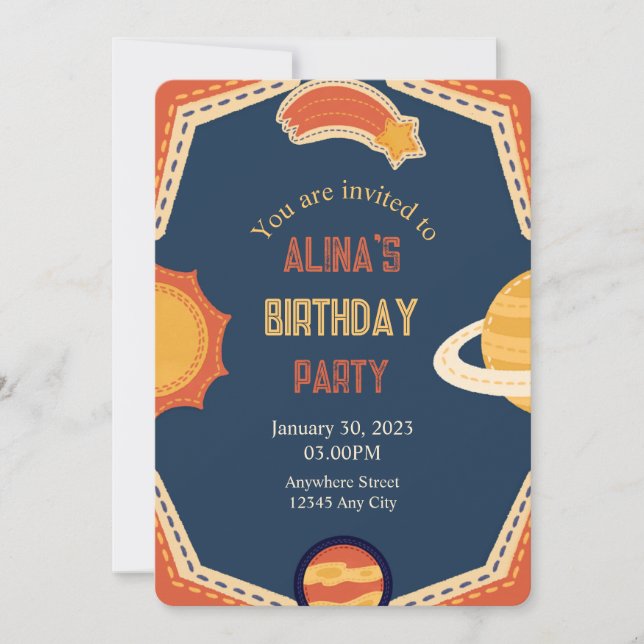 Invitación de cumpleaños de niño galáctico (Anverso)
