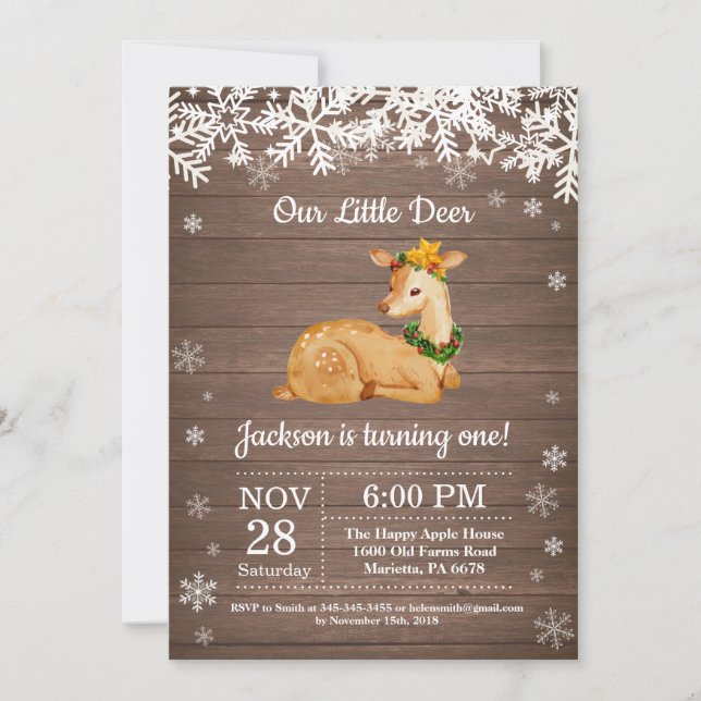Invitación de cumpleaños de niño invierno ciervo r (Anverso)