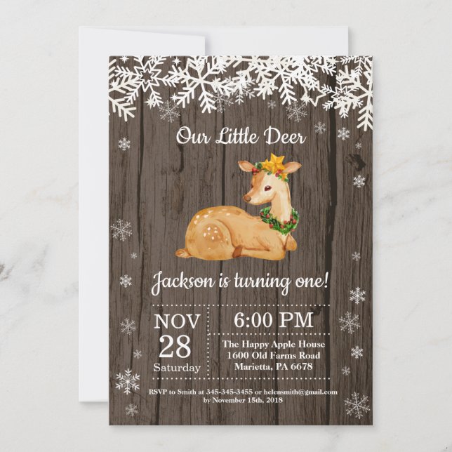 Invitación de cumpleaños de niño invierno ciervo r (Anverso)
