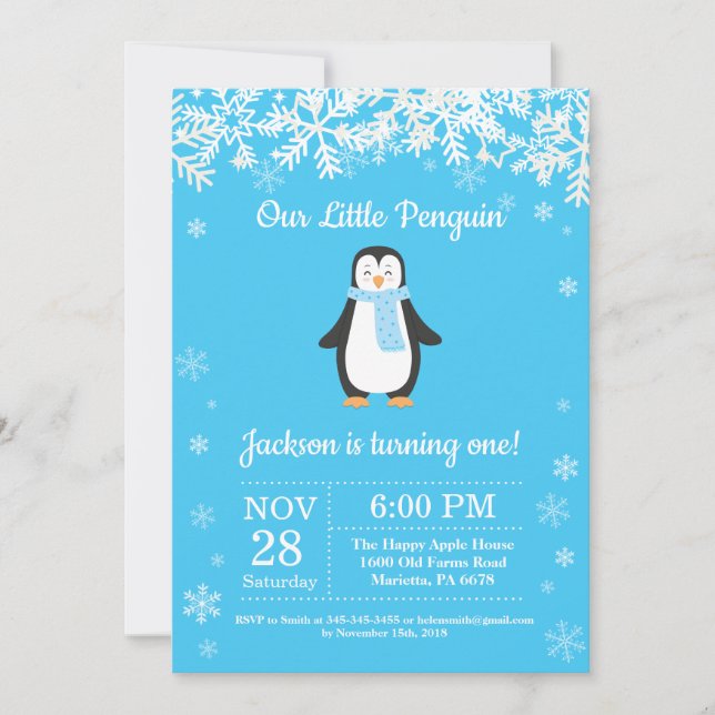 Invitación de cumpleaños de niño invierno pingüino (Anverso)