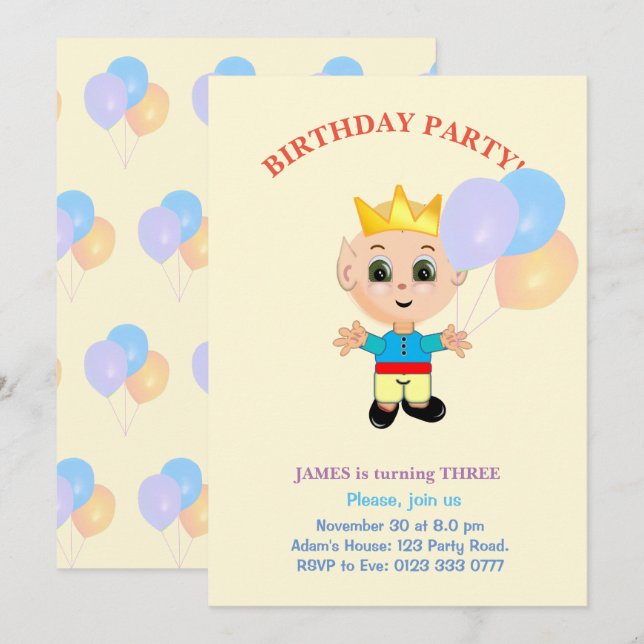 Invitación de cumpleaños de niño lindo (Anverso / Reverso)
