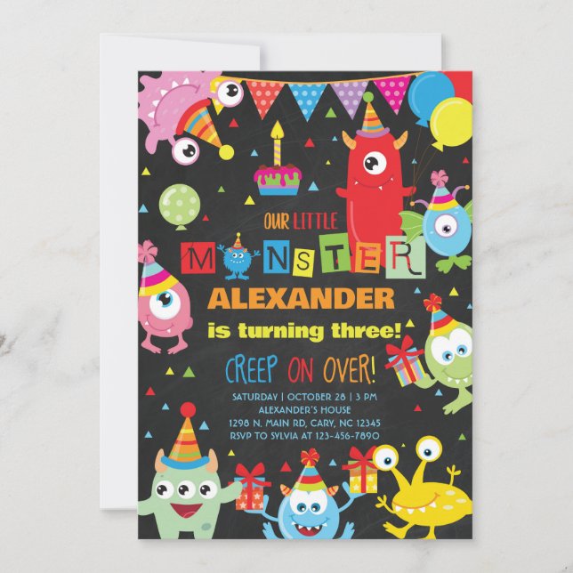 Invitación de cumpleaños de niño monstruos, cualqu (Anverso)