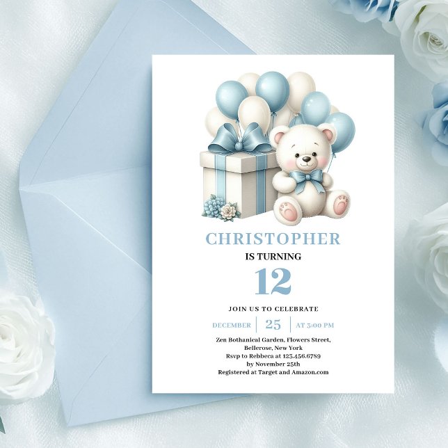 Invitación de cumpleaños de niño oso de peluche gl (Boy birthday invitation teddy bear balloons blue)