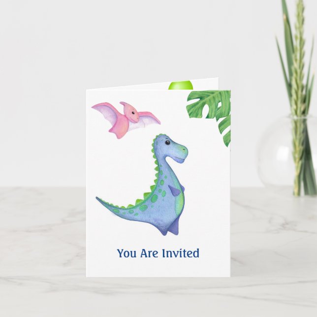 Invitación de cumpleaños de niño pequeño de dinosa (Anverso)