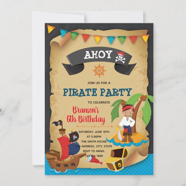 Invitación de cumpleaños de niño pirata (Anverso)