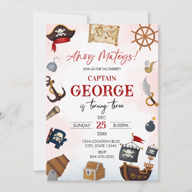 Invitación de cumpleaños de niño pirata Ahoy (Anverso)